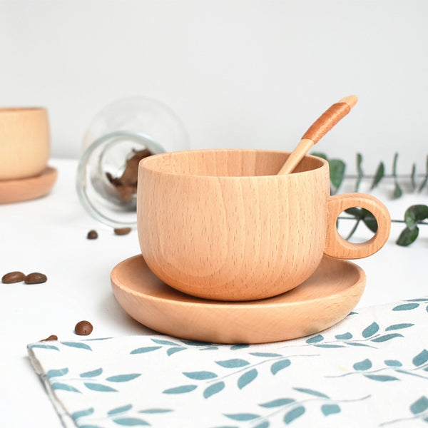 Natural Beech Wooden Tea Coffee Cup Mug With Spoon Saucer