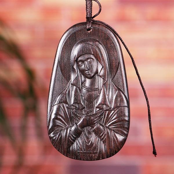 Ebony Virgin Mary Wood Carved Pendant