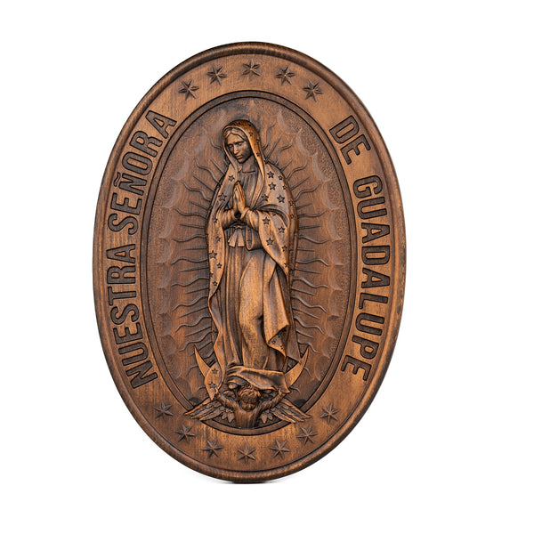 Retro Color Our Lady of Guadalupe Wood Carving -The patron saint of Mexico, America and unborn children