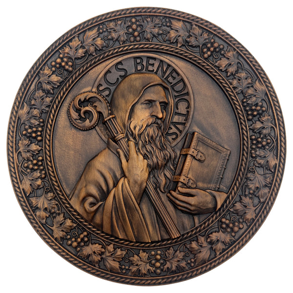 Saint Benedict religious icon, natural wood carved wall decoration