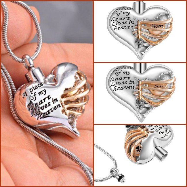 A piece of my heart lives in heaven Necklace - Memorial urn heart cremation necklace