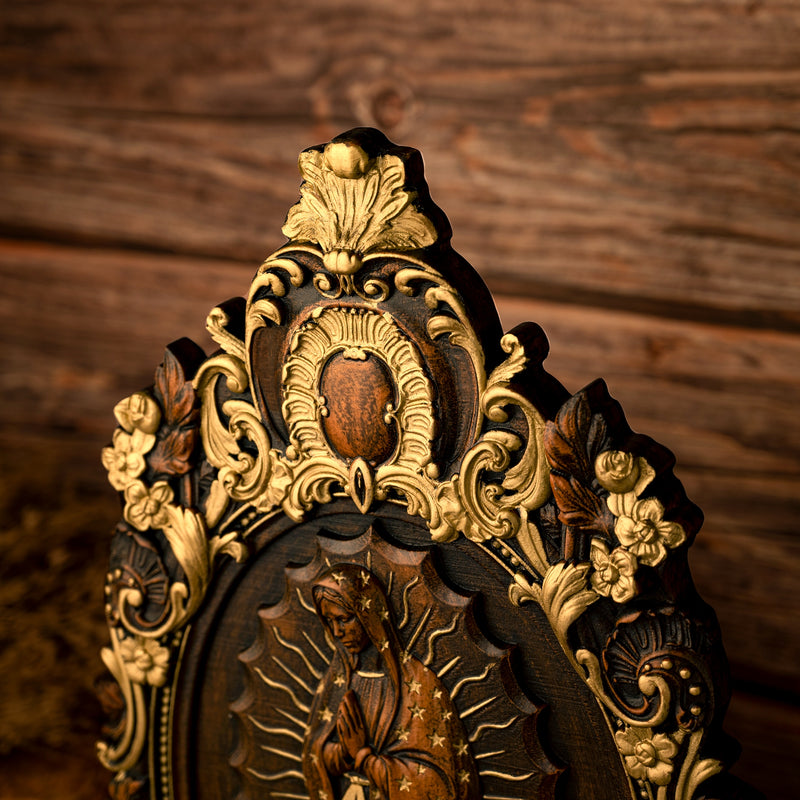 Religious gift with rich details of the wooden statue of Our Lady of Guadalupe