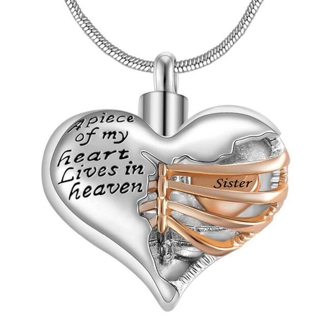 A piece of my heart lives in heaven Necklace - Memorial urn heart cremation necklace